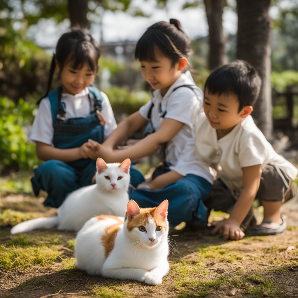 Japanese Bobtail Cats Socializing with Kids