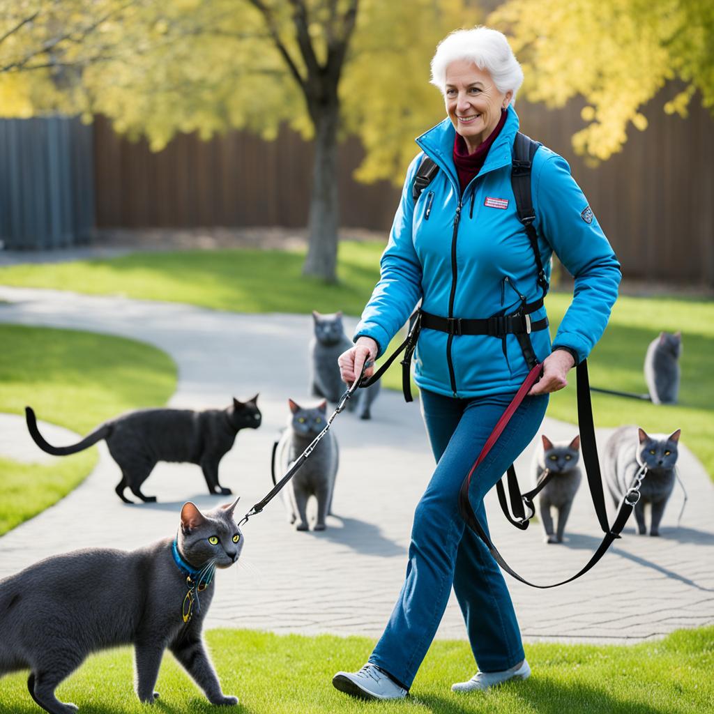 Russian Blue Cat behavior training for harness use