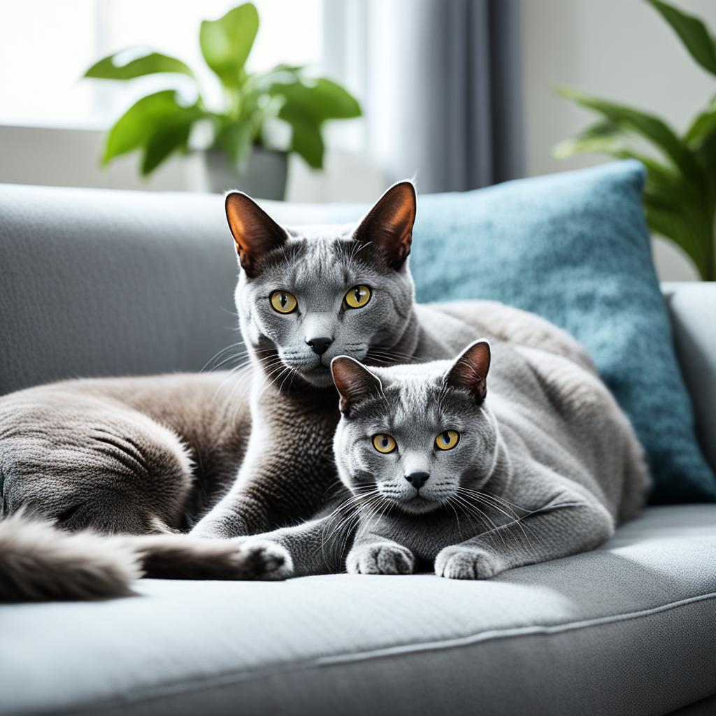 Russian Blue cat and dog cohabitation